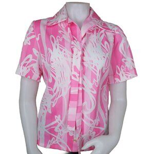 70s Bow Top Womens M Pink Floral Polyester Short Sleeve Button Up Blouse